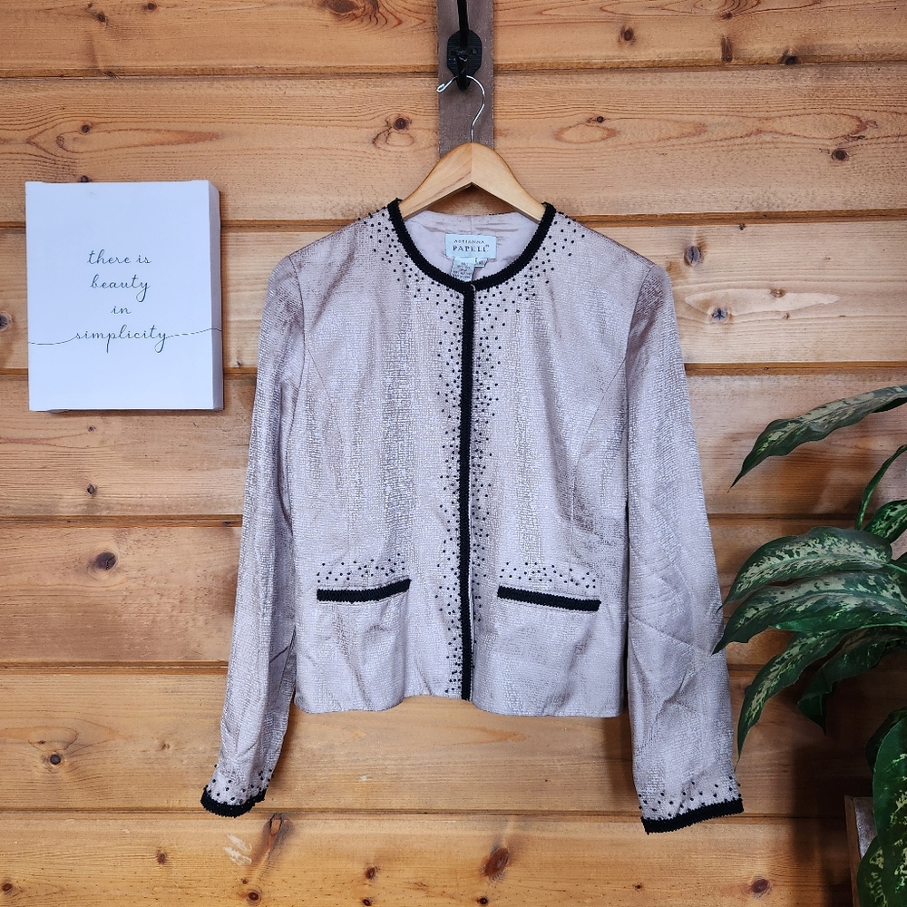 Adrianna Papell 100% Silk Metallic Beaded Jacket Office Career Embroisered Sz 10